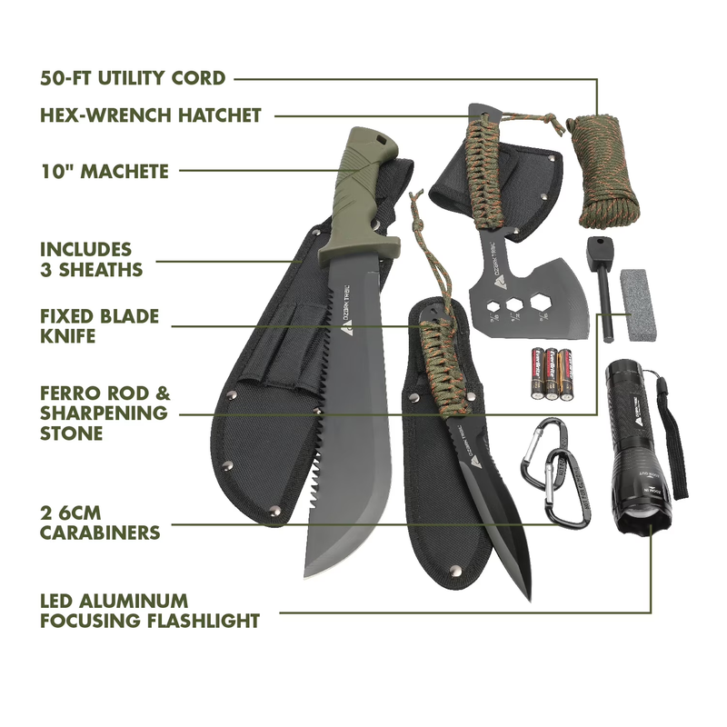 12 Pack Camping Tool Set Flashlight Machete Hatchet Knife Survival Kit6