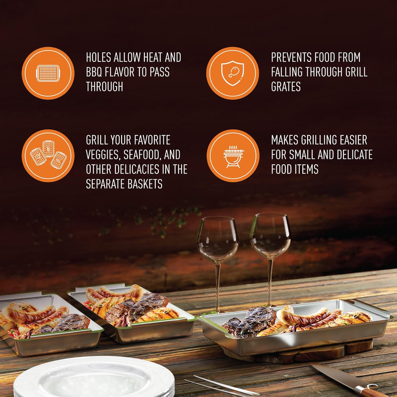 BBQ Vegetable Grill Basket Set 3 Stainless Steel Baskets w/ Drip Tray Handle1