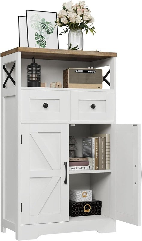 Farmhouse White Storage Cabinet with Doors and Drawers, Freestanding Kitchen Pan2