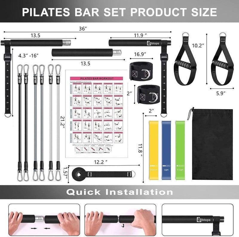 Pilates Bar Kit w/ Stackable Resistance Bands Full Body Home Gym Exercise3