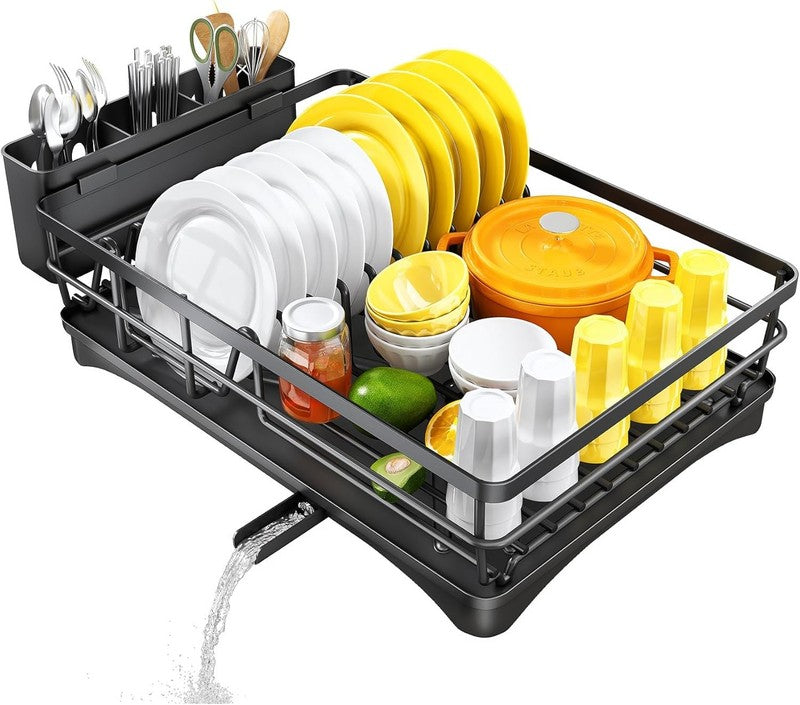 Large Rustproof Dish Drying Rack with Drainboard & Utensil Holder   Black8