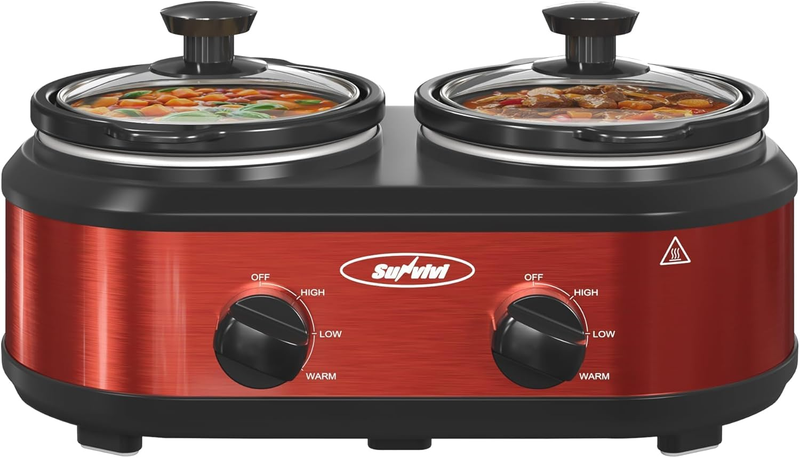 Double Slow Cooker 2×1.25QT Buffet Warmer Dual Pot Oval Red Stainless8
