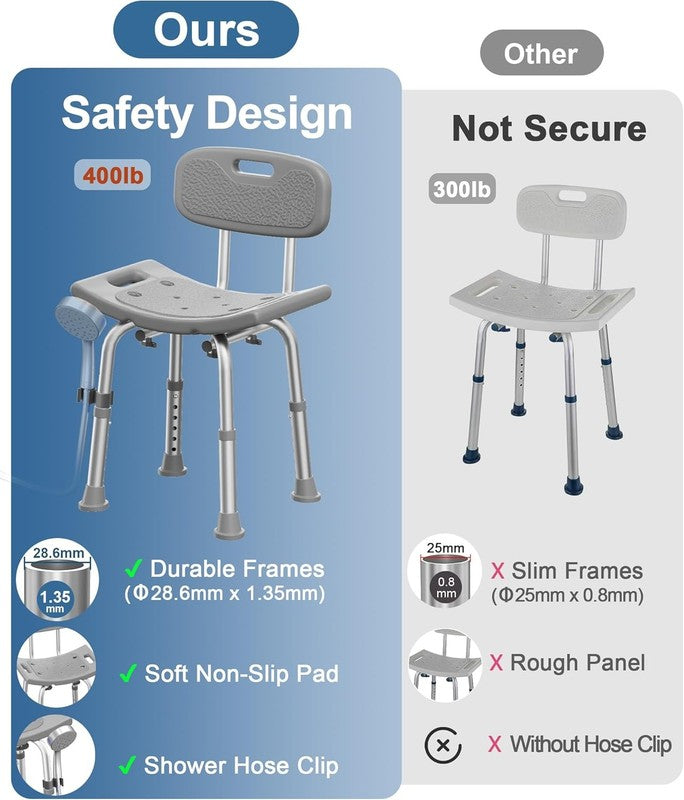 Heavy Duty Shower Chair 400lb Bath Seat w/ Back for Seniors – Gray5