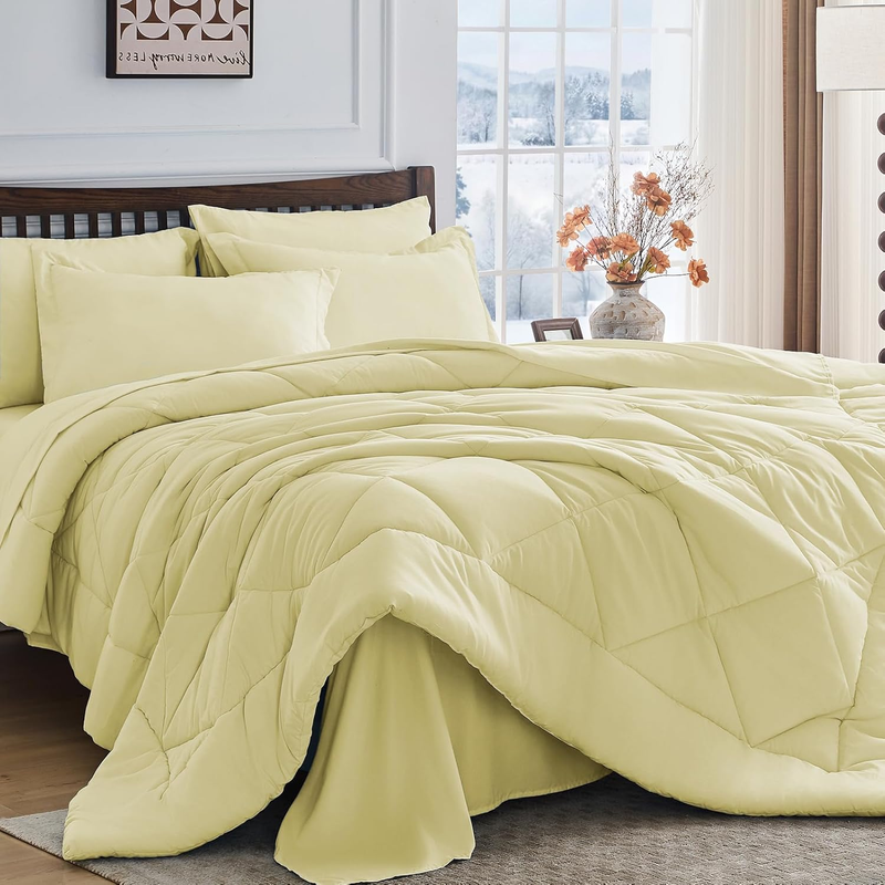 Cream Yellow Queen Comforter Set 7 Piece Bed in a Bag Ultra Soft Comforter Sheet8