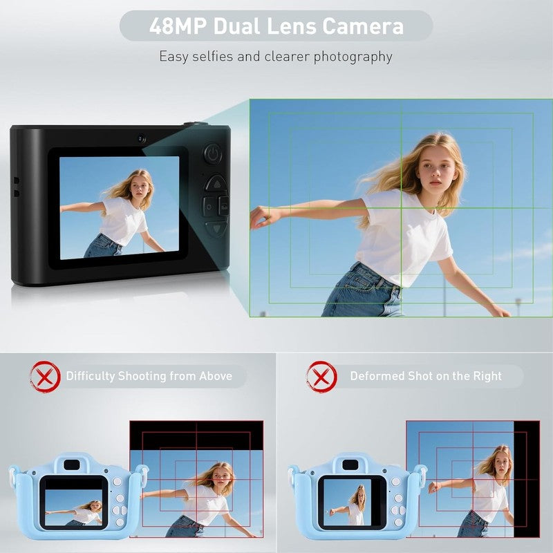 48MP Kids Digital Camera 1080P Dual Lens w/ 32GB Card – Black Gift2