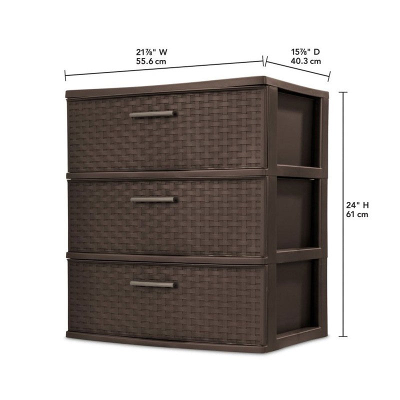 3 Drawer Wide Weave Tower, Plastic Décor Drawers with Pull Handles, Brown2