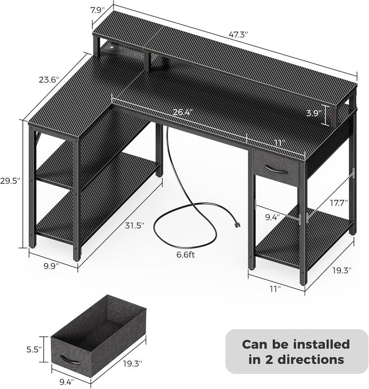 47'' L Shaped Gaming Desk LED Lights Power Outlets Reversible Black2