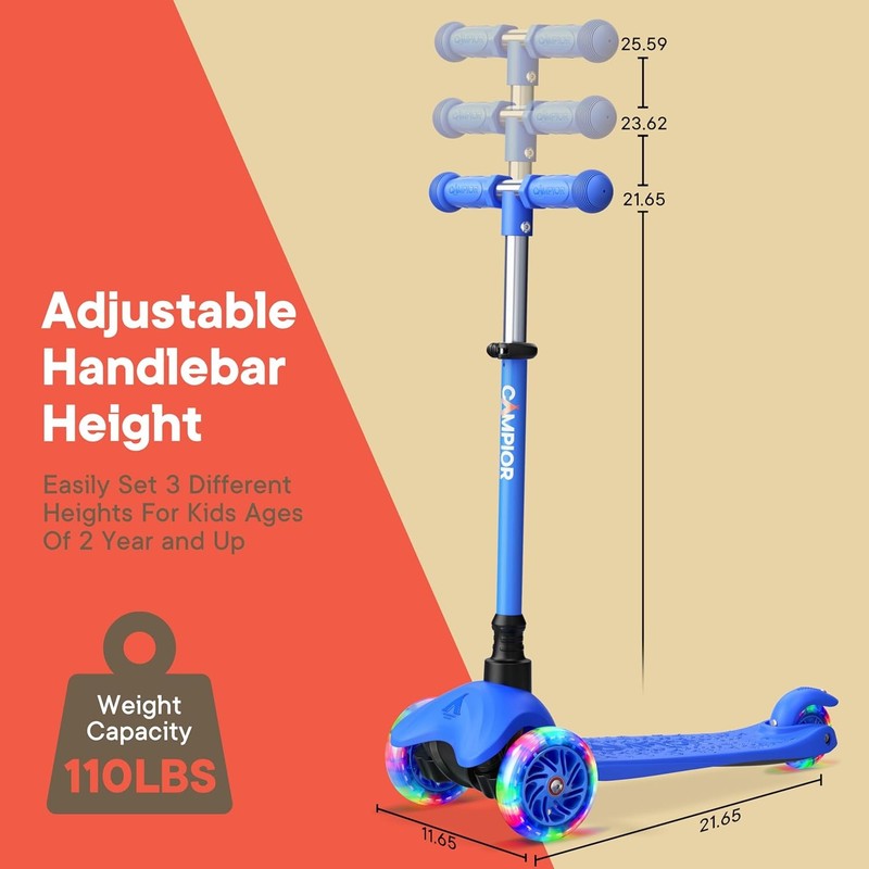 Kids 3 Wheel Scooter Lean to Steer LED Wheels Adjustable Handlebar Blue5