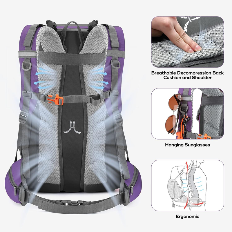 40L Waterproof Hiking Backpack Camping Travel Daypack Purple4