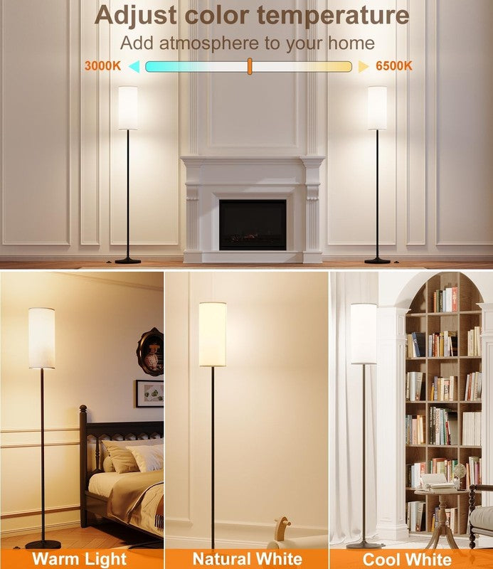 Dimmable Floor Standing Tall Lamp, 12W Led Bulb with Lampshade, Foot Switch, Rem2