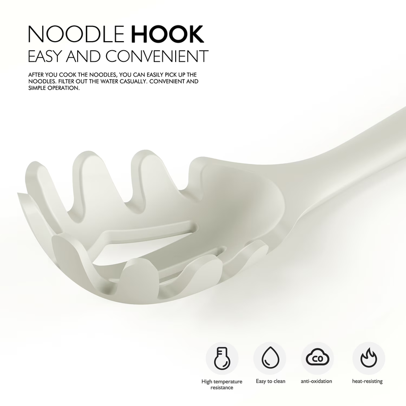 Large Silicone Kitchen Utensil Set Wooden Handle Heat Resistant Warm White4