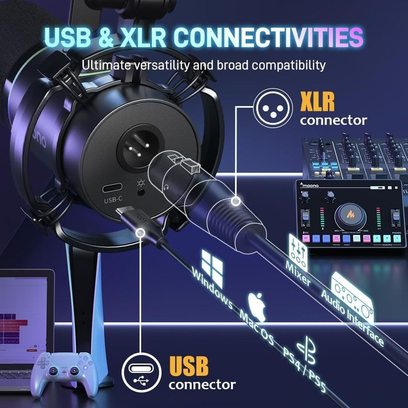 USB/XLR Dynamic RGB Gaming Microphone w/ Mute Gain Monitor PD200X Black5