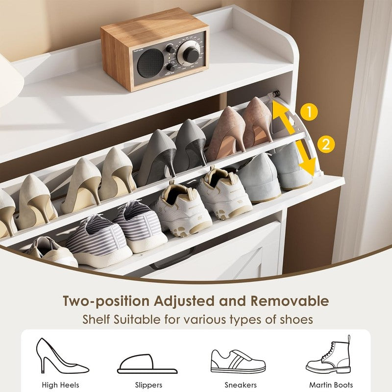Shoe Cabinet 2 Flip Drawers Freestanding Narrow Rack Entryway Foyer White6