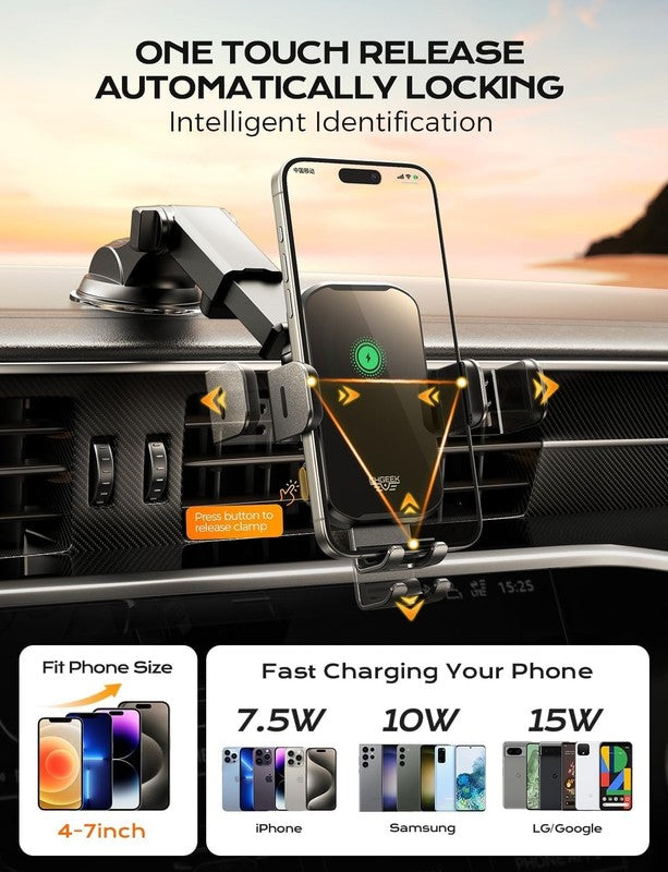 15W Wireless Car Charger Mount, Auto Clamping Fast Charge for Dash, Windshield3