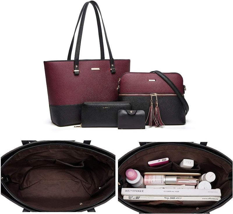 Women Fashion Synthetic Leather Handbag Set 4PCS Tote Shoulder Satchel Purse4