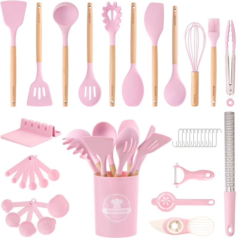 38PCS Silicone Kitchen Utensil Set Wooden Handle Heat Resistant Pink10