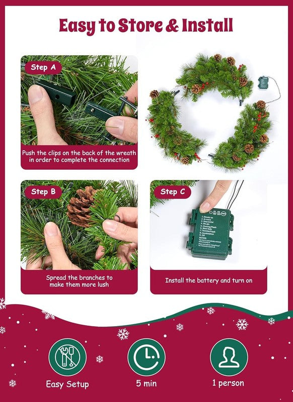 24" Pre-Lit Christmas Wreath Battery LED Pinecones Red Berries Front Door Decor6