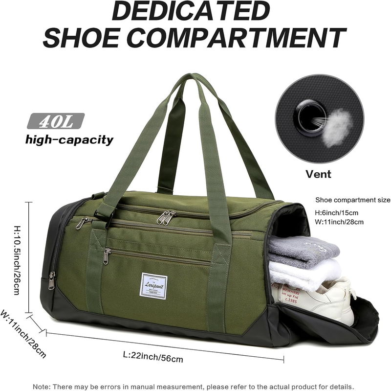 40L Travel Duffle Bag Gym Weekender with Shoe Compartment Wet Pocket Green4