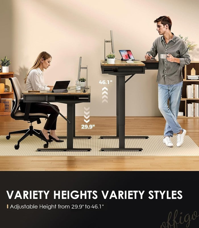 63” L-Shaped Electric Standing Desk w/ Drawers Power Outlets Rustic Brown3