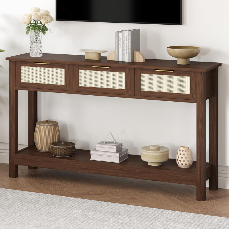 Walnut Console Table 3 Rattan Drawers Boho Entryway Storage Shelf 47" Long7
