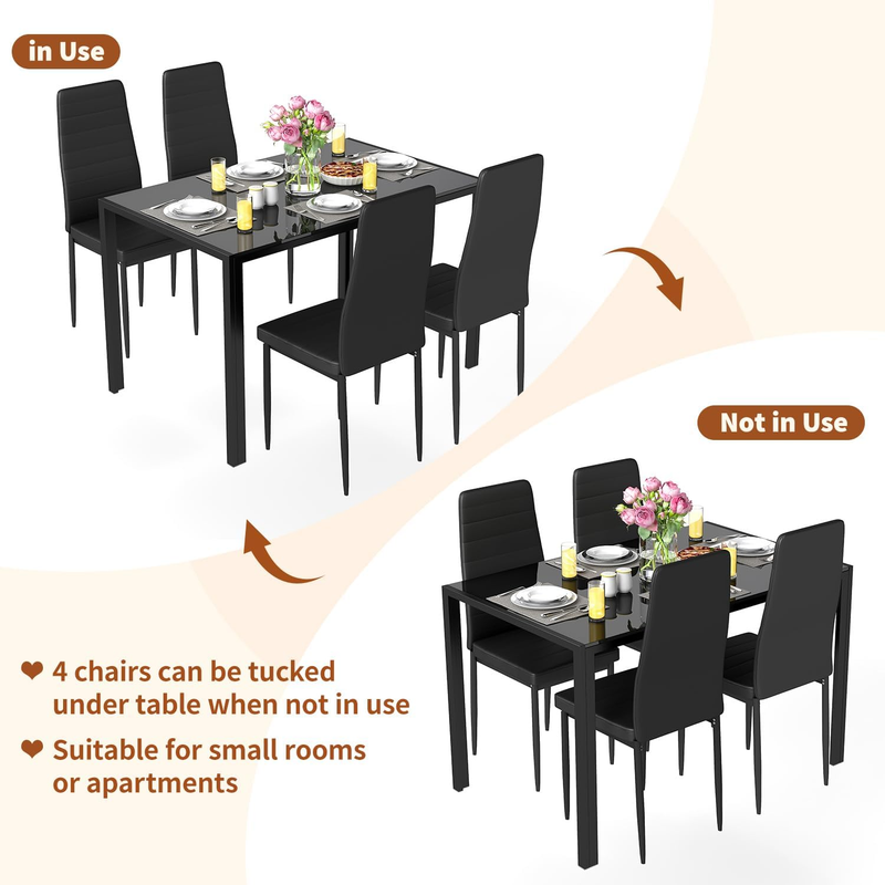 5 Piece Glass Dining Table Black 4 Chairs Upholstered Faux Leather Easy Assembly2