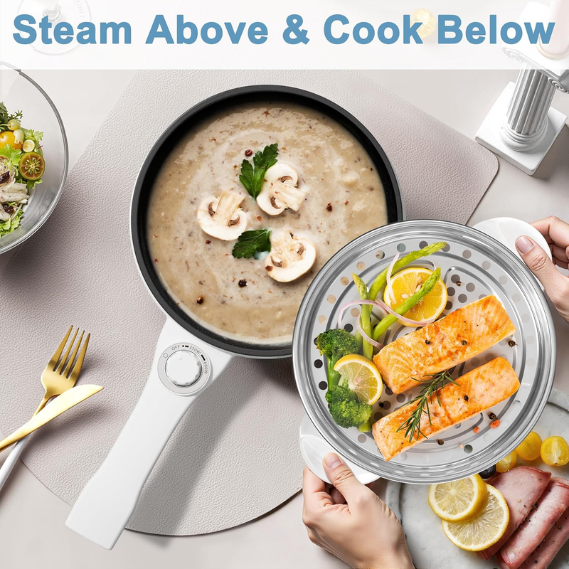 Hot Pot Electric with Steamer 1.5L  Mini Cooker Rapid Noodles Steak Egg Fried3