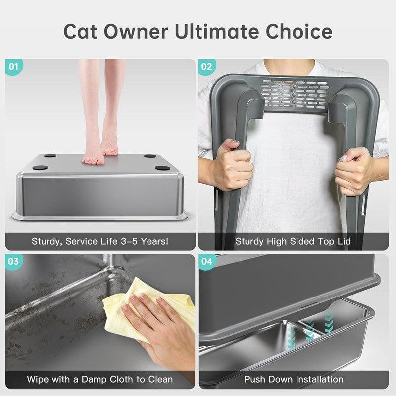 Enclosed Stainless Steel Cat Litter Box with Lid, XL Extra Large Litter Box for 4