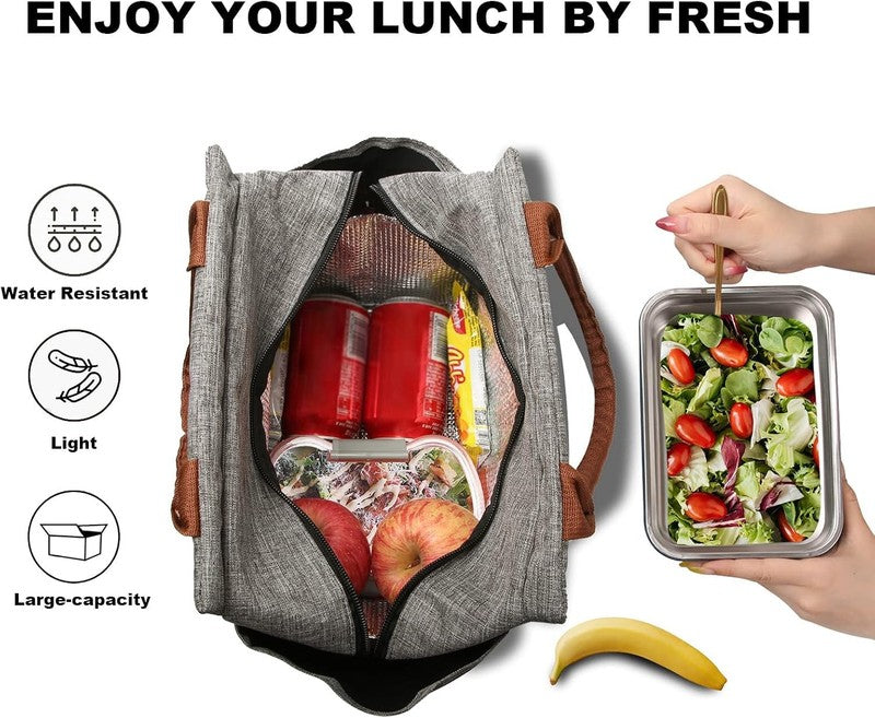 Insulated Lunch Bag Women Men Leakproof Large Cooler Tote w Bottle Holder Grey2
