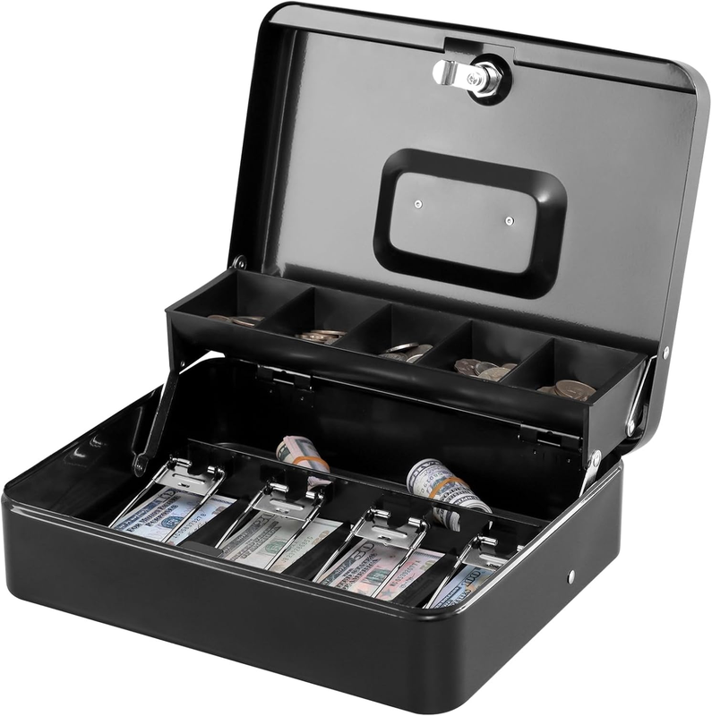 XL Locking Cash Box with Key, Cash Tray & Coin Slots - Black Organizer9