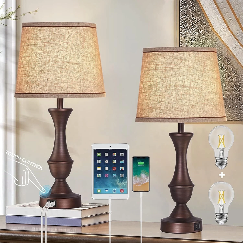 Set of 2 Touch Table Lamps w/ USB 3 Way Dimmable Nightstand Lamps Bulbs Included8
