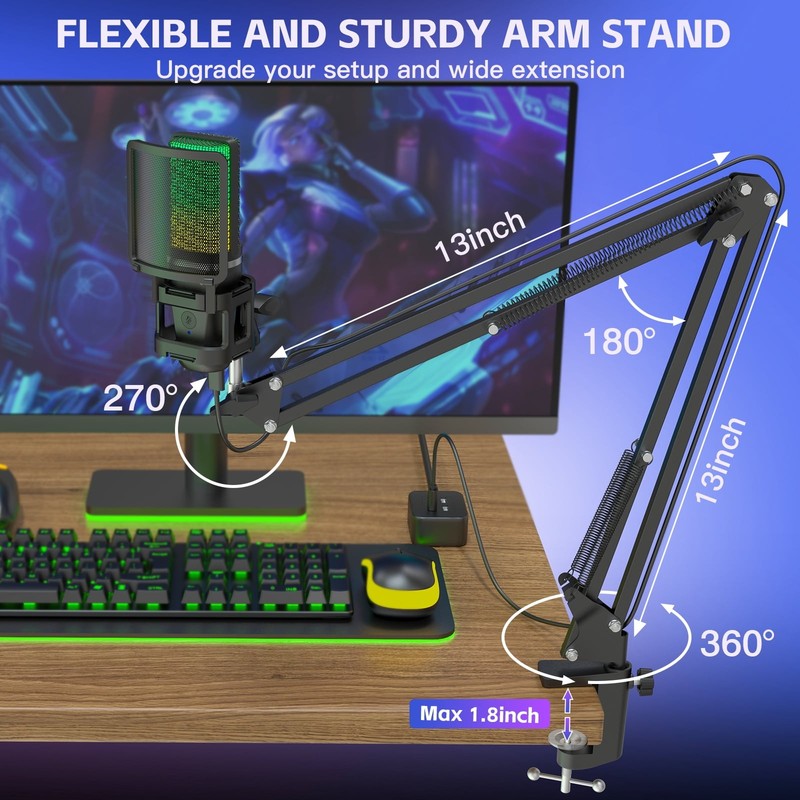 Gaming USB Microphone RGB Noise Cancel Mute Gain Boom Arm Pop Filter PC Podcast4