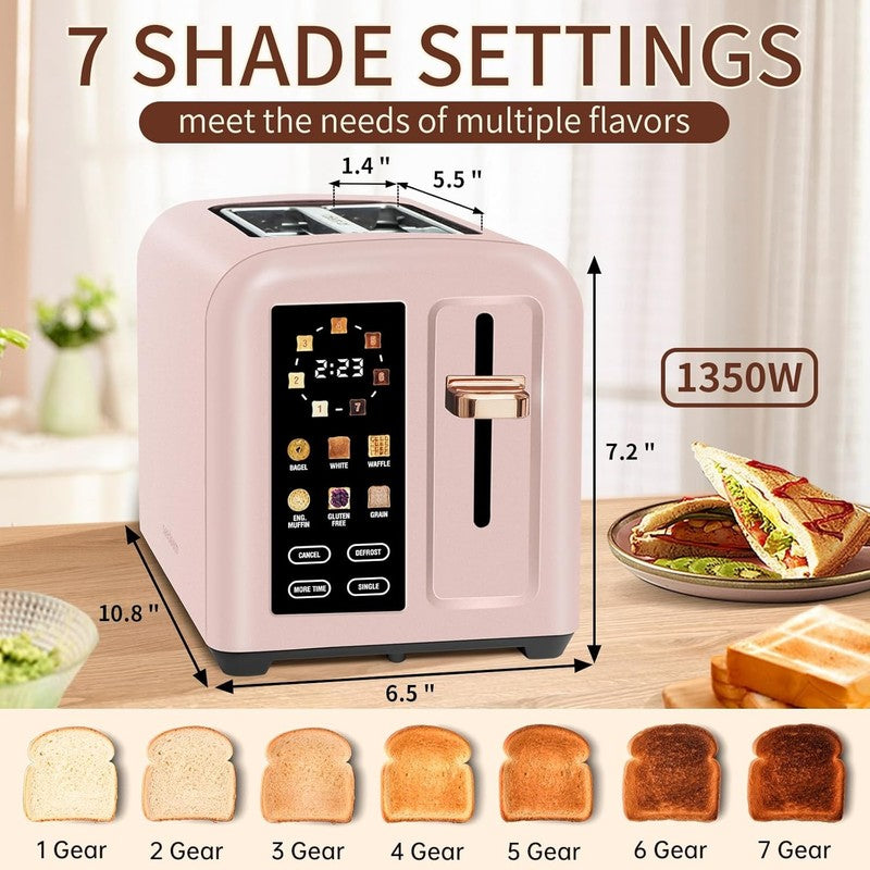 2 Slice Touch Control Toaster LCD 1350W Wide Slots Pink1