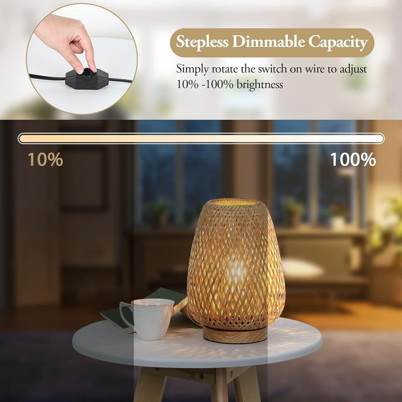 Rattan Table Lamp Dimmable Small Bedside Wicker Nightstand Wooden LED1