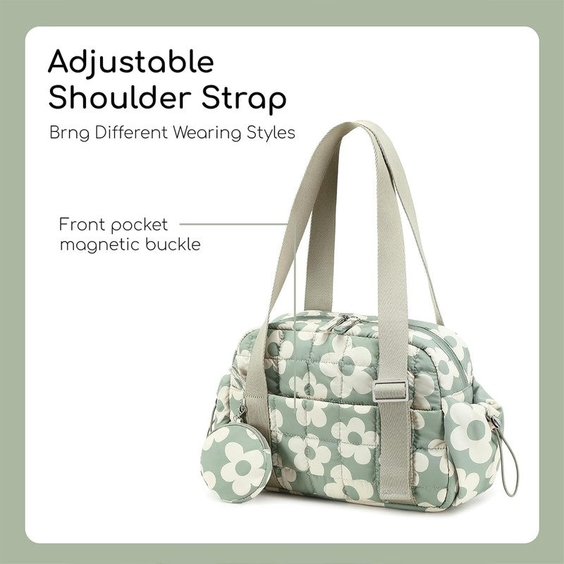 Mini Gym Bag Women Quilted Duffel Wet Compartment Yoga Dance Green Flower 12.6"5