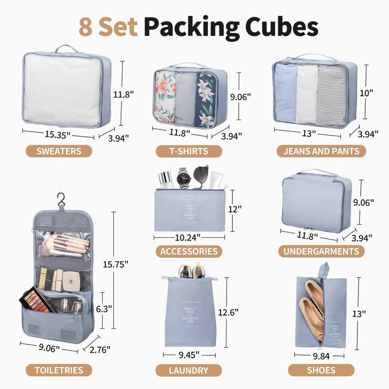 3-Piece Luggage Set with 8 Packing Cubes, Hard Shell Suitcases with Spinner Whee2
