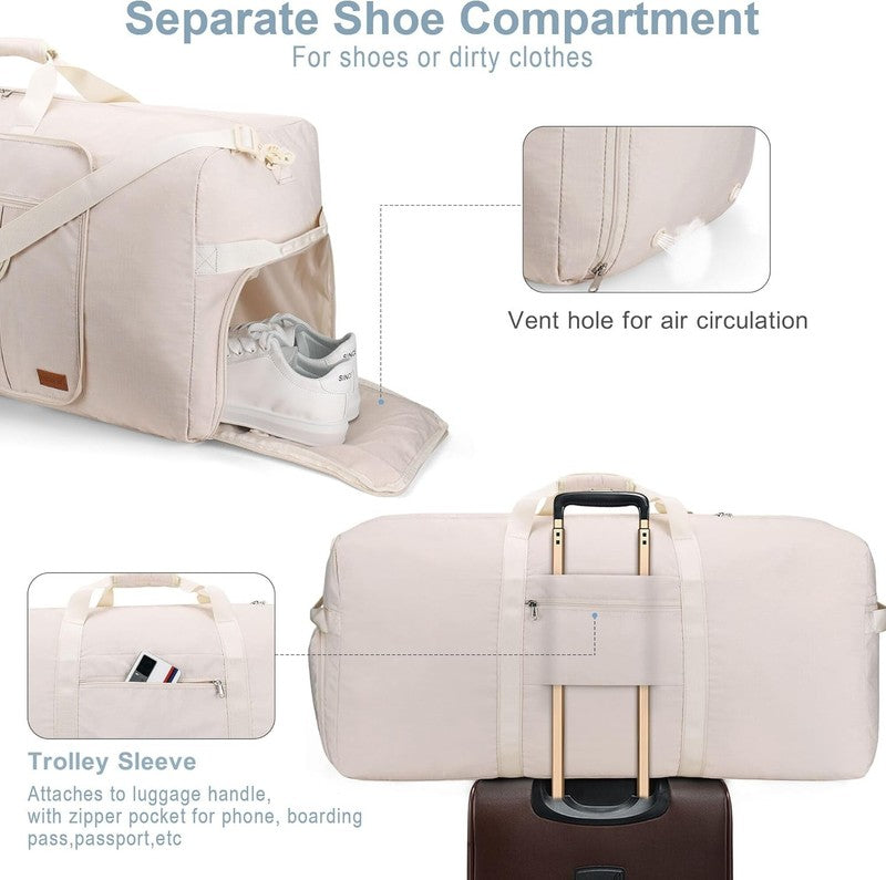 120L Large Travel Duffel Bag Foldable w/ Shoe Compartment Beige4