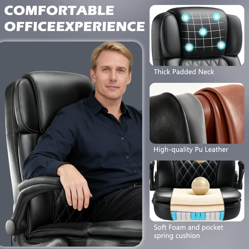 450LBS Big and Tall Executive Office Chair with Flip up Arm, Heavy Duty PU Leath4