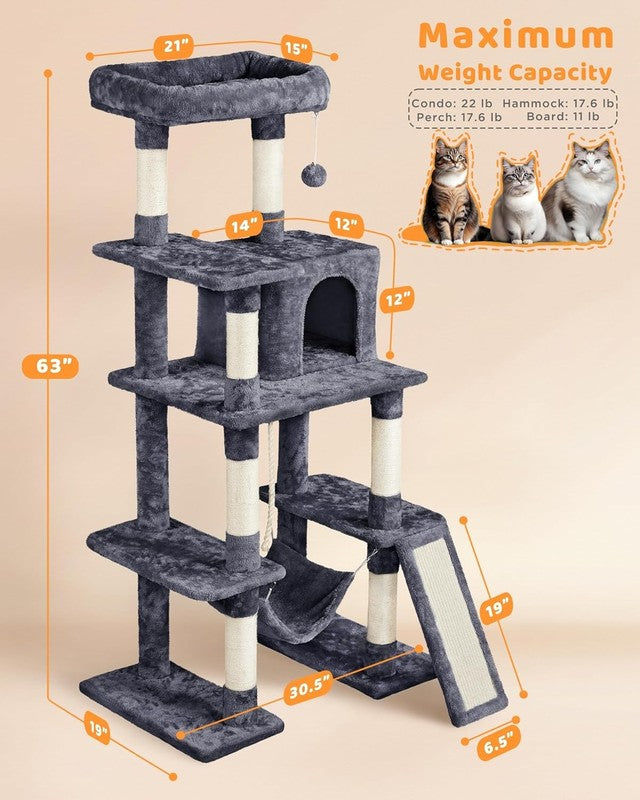 Large Multi-Level Cat Tree, 63 Inches Tall with Sisal-Covered Scratching Posts, 3
