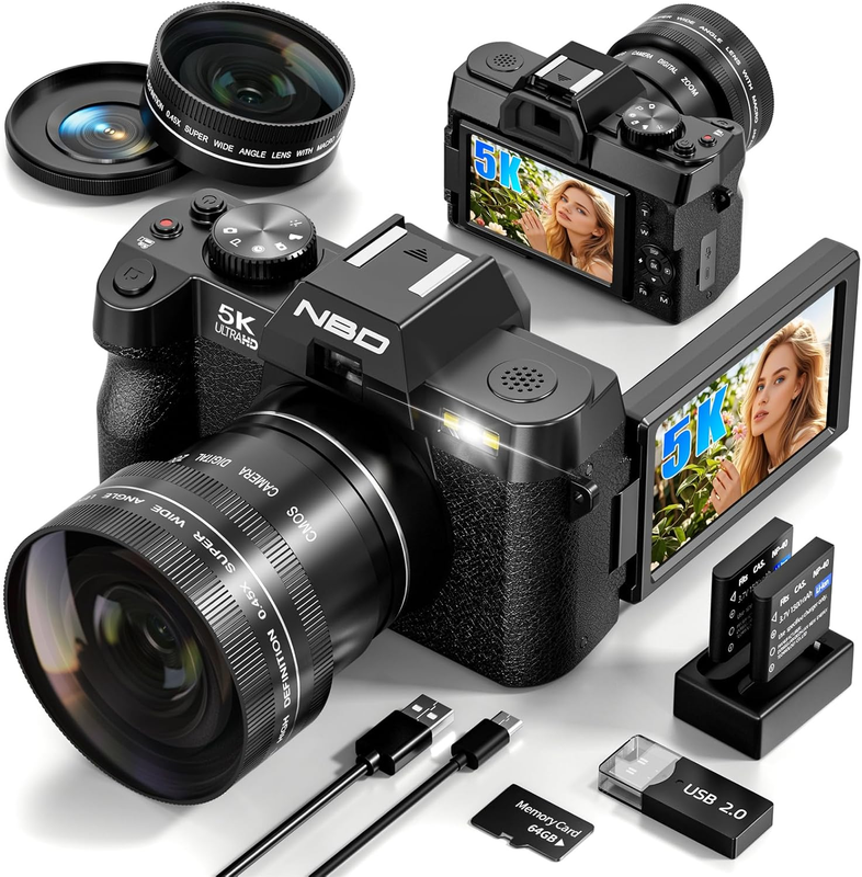 5K Digital Camera 64MP Vlogging 16X Zoom WiFi Wide & Macro Lens Anti-Shake Black0