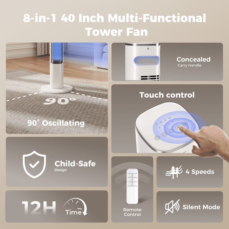 Tower Fan, 40" Electric Fan for Bedroom, 90° Oscillating Stand Fan with Remote, 6