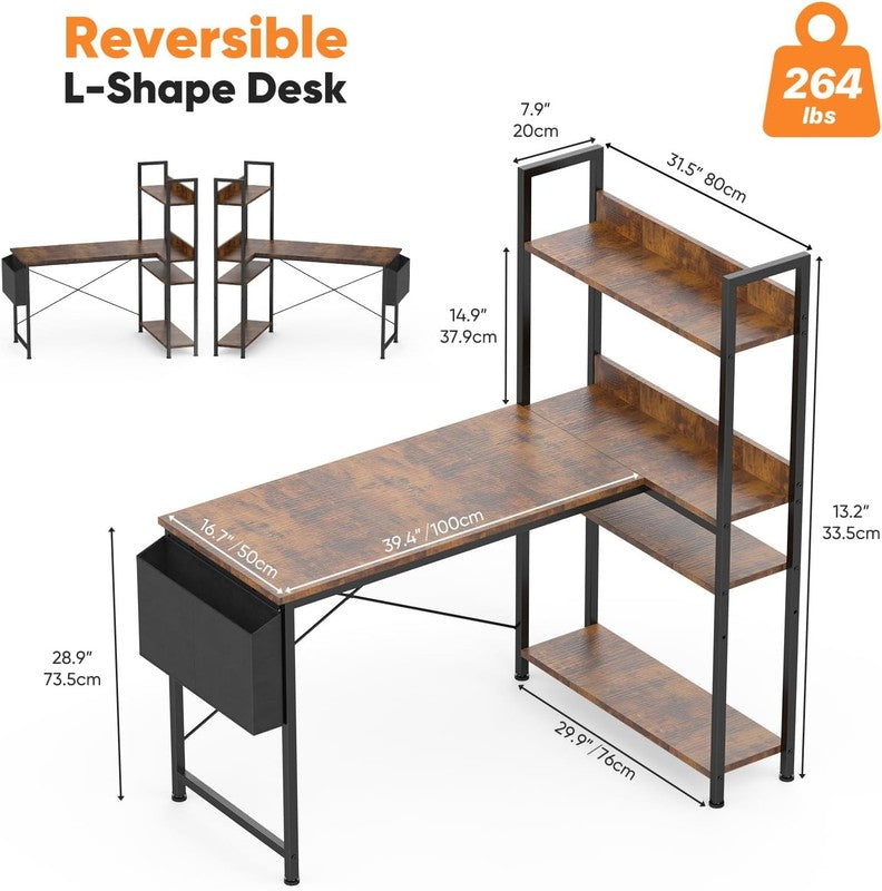 47'' L Shaped Desk Corner Computer Table Gaming Shelf Home Office Brown2