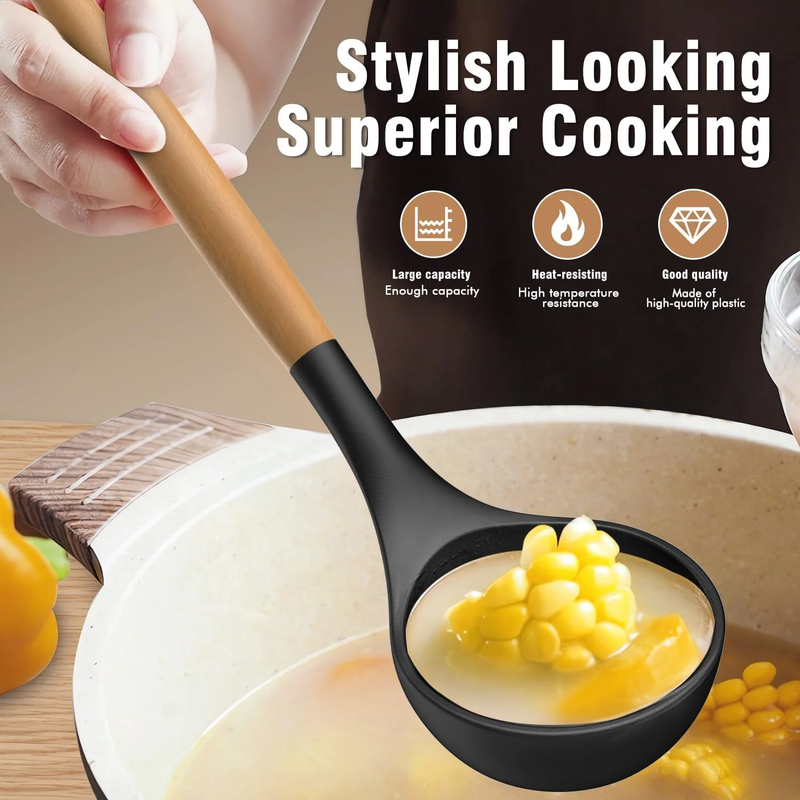 Silicone Kitchen Utensil Set Wooden Handle Holder Heat Resistant Black6