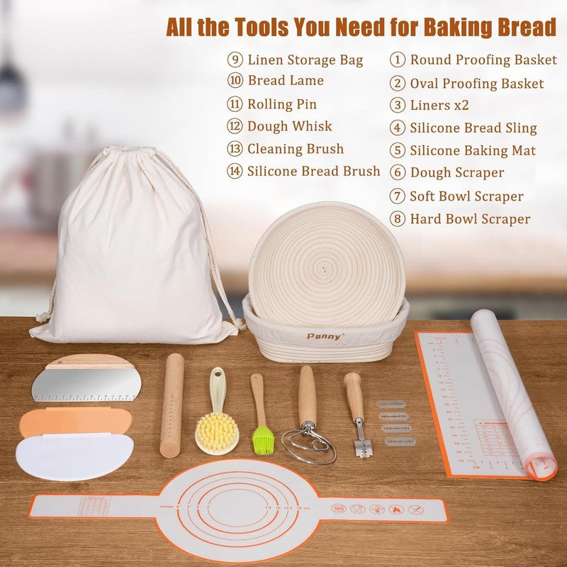 Banneton Basket Set 9" Round & 10" Oval w/ Liners   Sourdough Baking Kit & Tools1