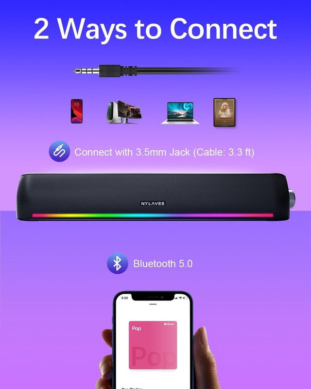 HiFi PC Soundbar Speakers Bluetooth 5.0 USB 3.5mm RGB 4 Modes Desktop3