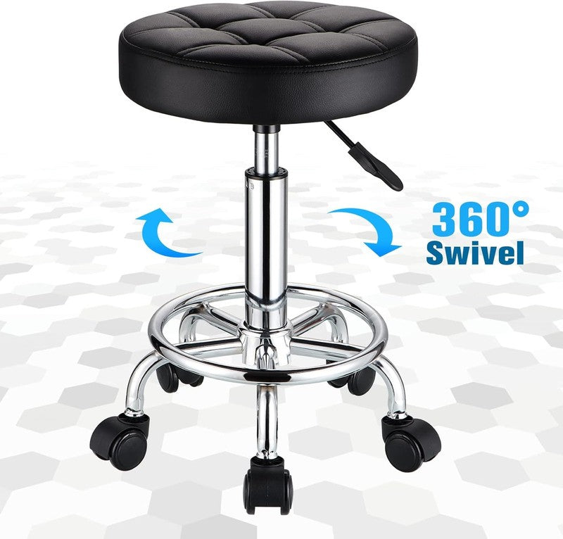 Adjustable Round Rolling Stool with PU Leather Seat and Wheels - Black5