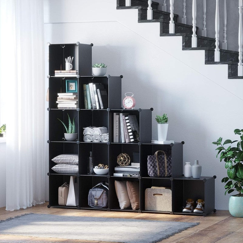 16 Cube Storage Organizer, Modular Plastic Closet Shelve Unit, Black 48.4"x48.4"1