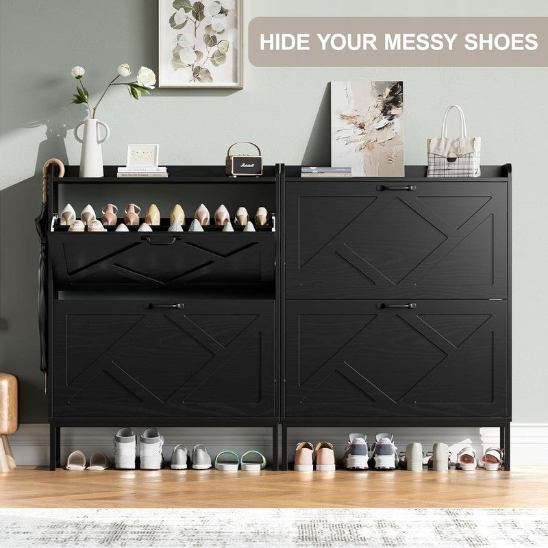 Shoe Cabinet 2 Flip Drawers Freestanding Slim Farmhouse Entryway Black2