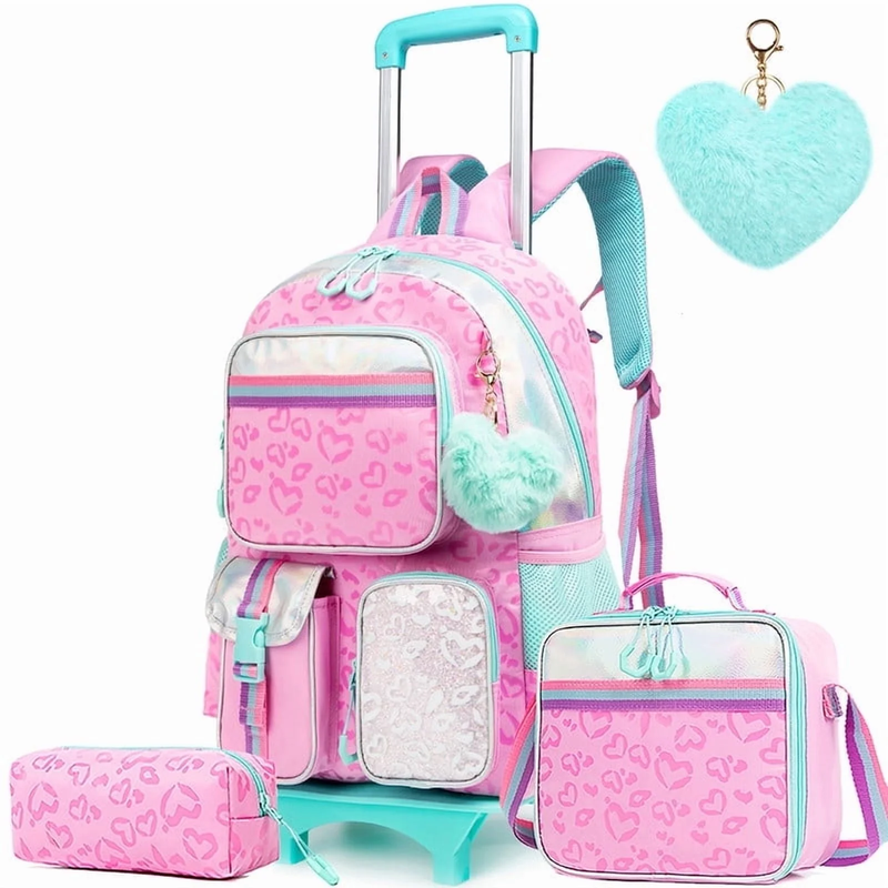 Pink Kids Rolling Backpack for Girls with Wheels Roller School Backpacks with Lu9