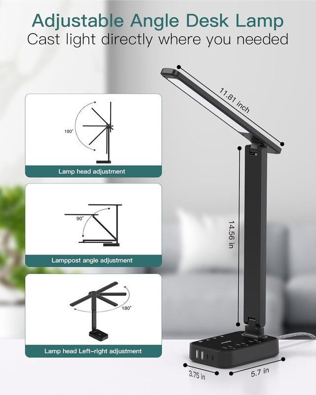 LED Desk Lamp, Power Strip with 3 Outlets 4 USB Charging Ports(2 USBC), 4 Modes 3