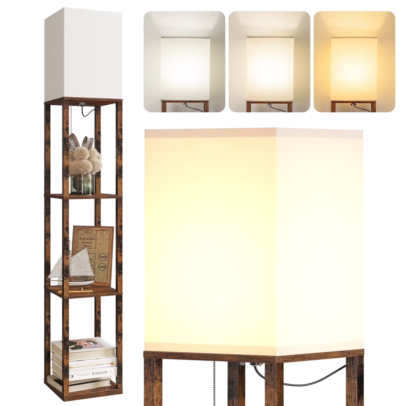 63" Brown LED Floor Lamp with Shelves, Modern Standing Lamp w/ Storage0